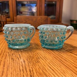 Blue Glass Hobnail Sugar and Creamer.